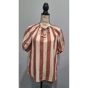 NWOT Knox Rose Rust & Cream Striped Cotton Blouse With Puff Sleeves & Tie Neck/S
